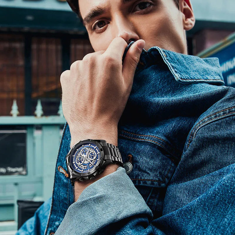Men's waterproof luminous casual quartz watch on a steel belt strap, showing black blue and silver white colour options.