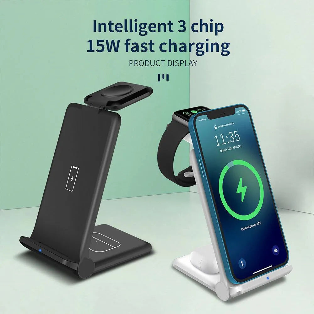 Black and white 3-in-1 foldable wireless charging station for iPhone, Samsung phone, AirPods and Apple Watch.