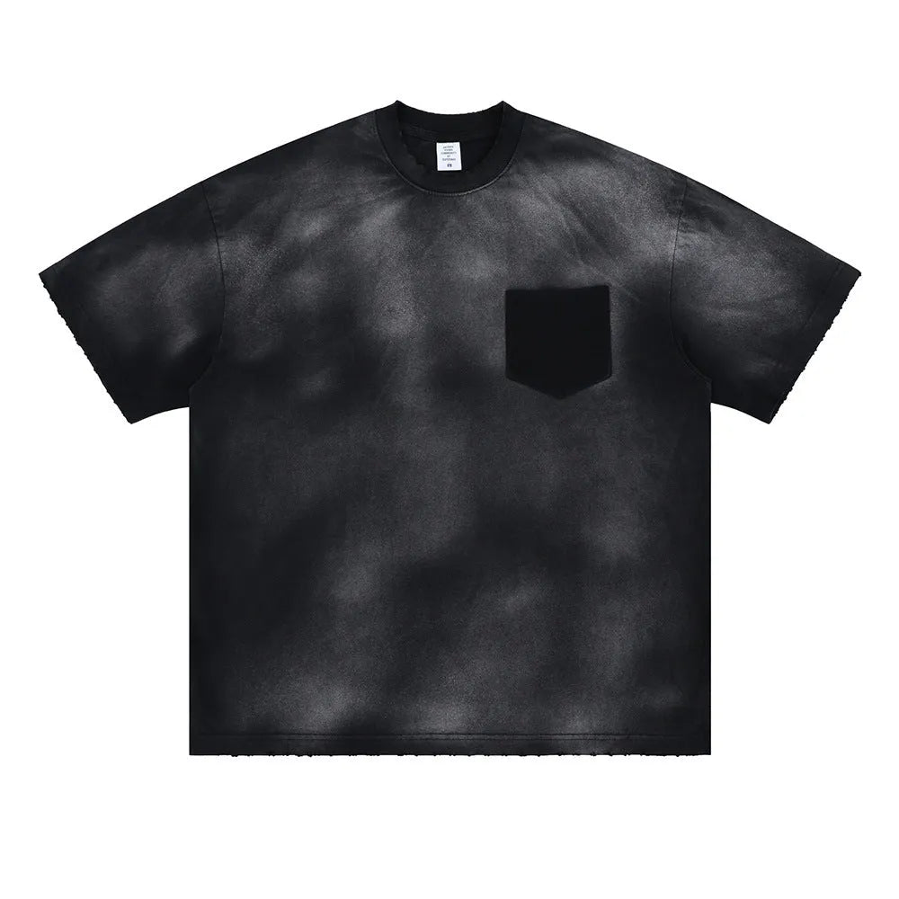 Black men's loose fit cotton short-sleeve t-shirt with printed letters and drop-shoulder sleeves.