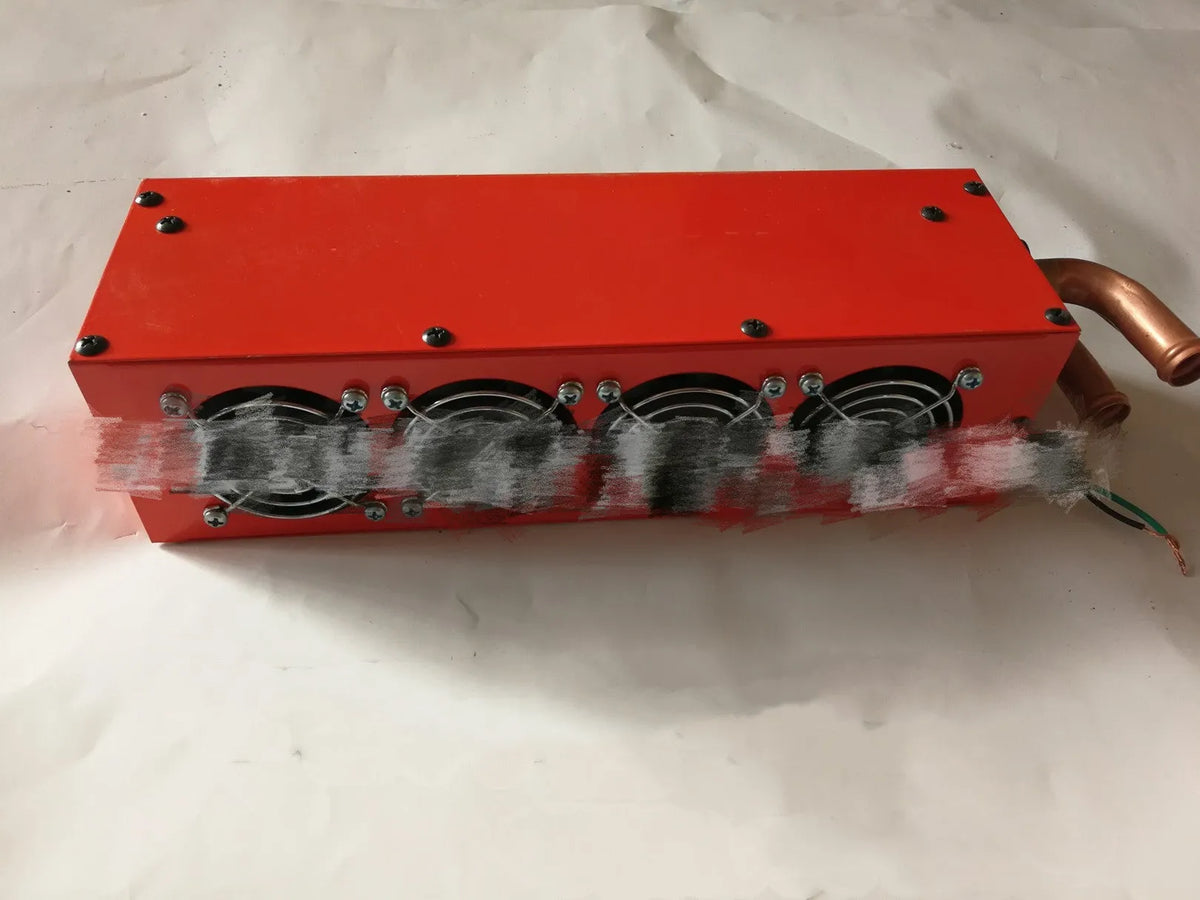 Metal car heater with small four-hole copper pipe connections for 12V and 24V vehicles