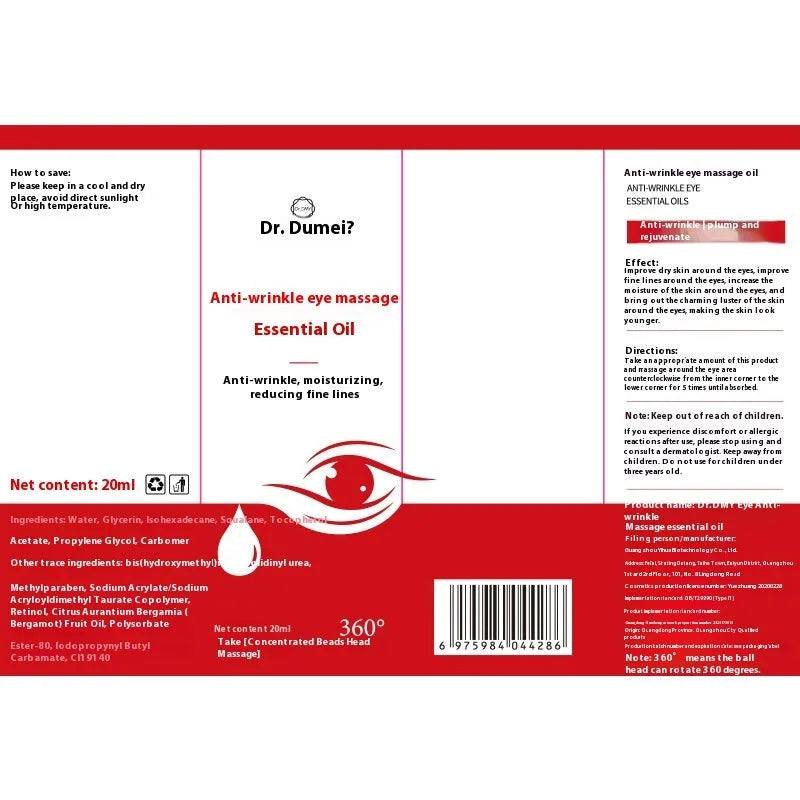20ml red upgrade bottle of eye anti-wrinkle massage essence oil for hydrating and firming skin.