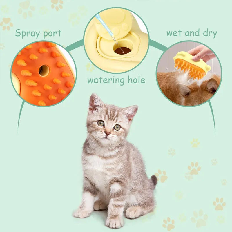 A 3-in-1 steam pet grooming brush for removing tangled hair from cats and dogs.