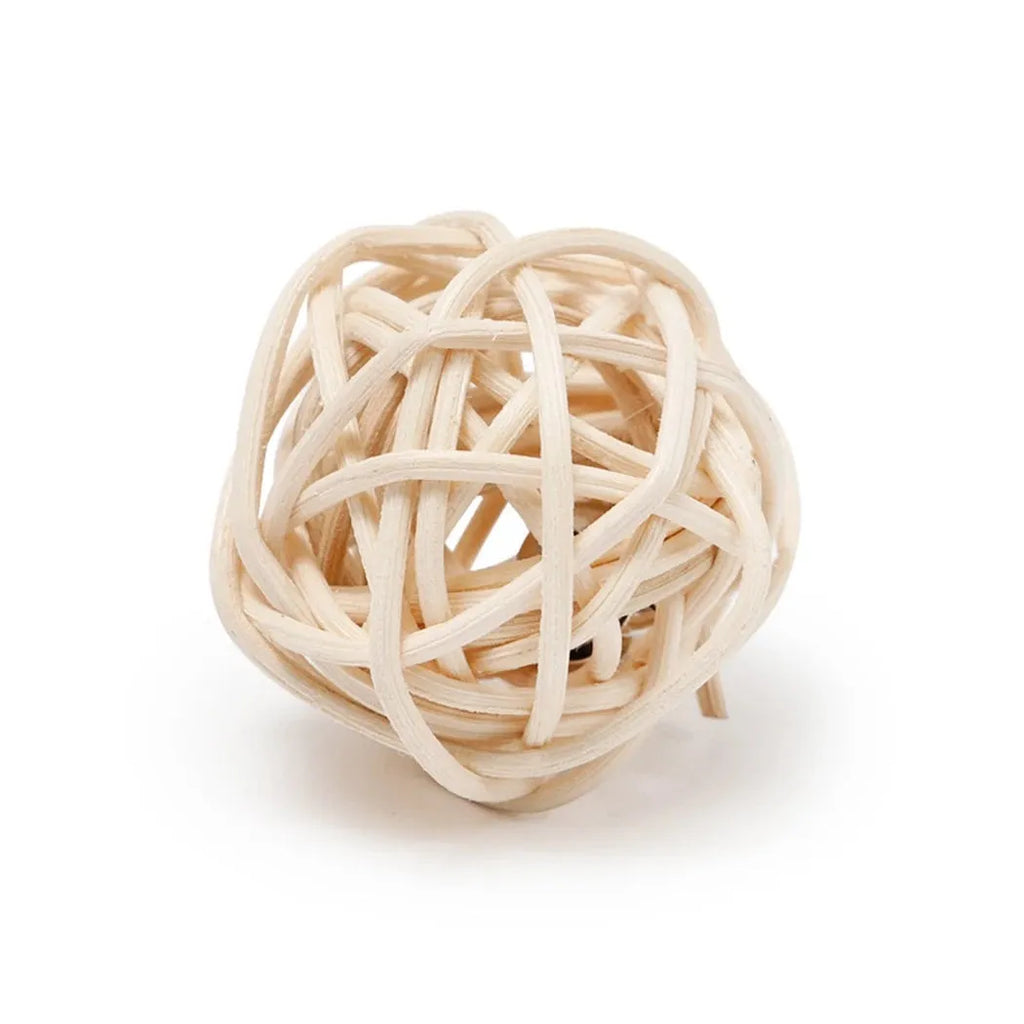 Two cat toys: rattan ball and faux feather bell ball for interactive play