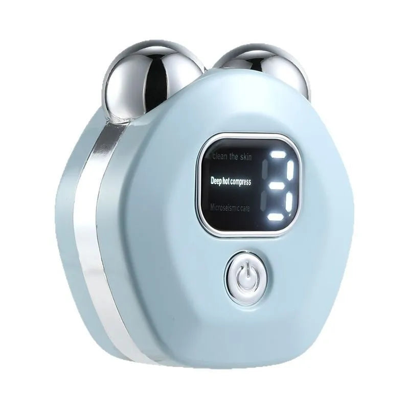 Portable micro current beauty instrument with hot compress function and double-roller facial massage heads