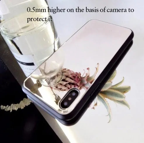 Black iPhone mirror phone case with integrated make-up mirror on back, compatible with iPhone 7 Plus, 8 Plus and X models