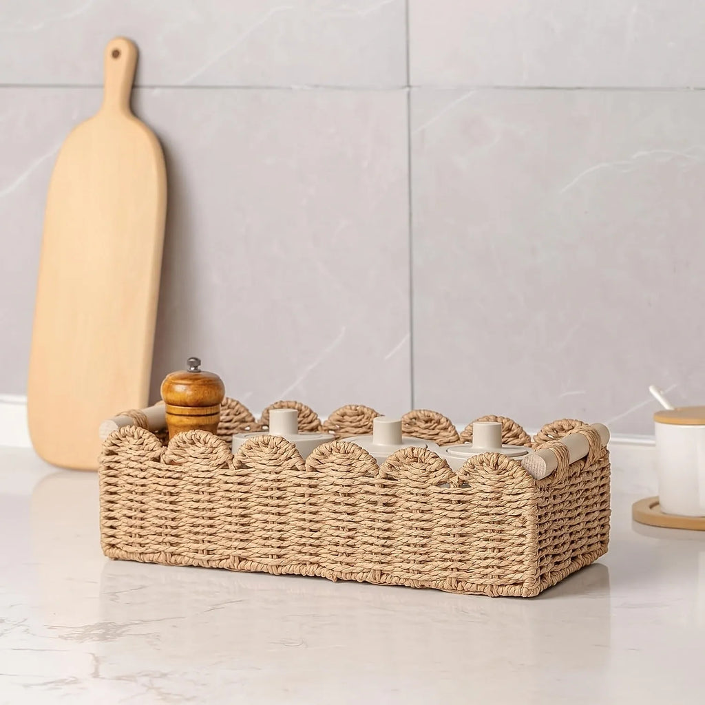 Woven paper storage basket in modern style for organising remote controls stationery cosmetics jewellery on desktop