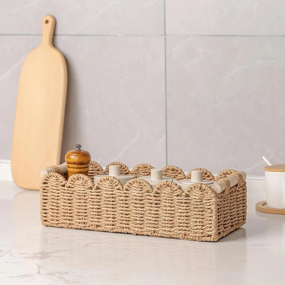 Woven paper storage basket in modern style for organising remote controls stationery cosmetics jewellery on desktop