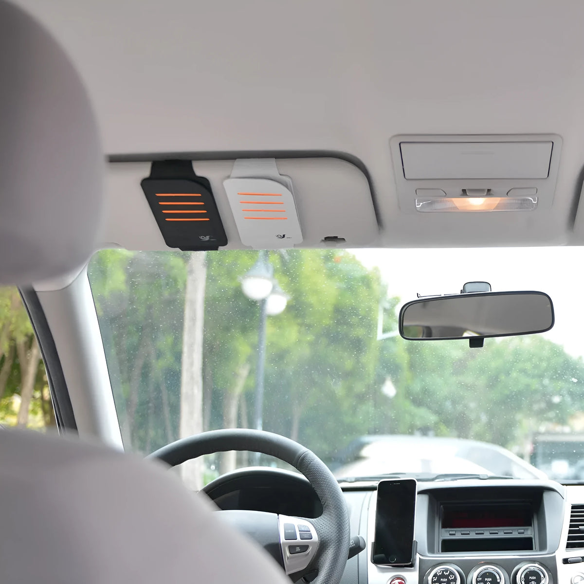 Car sun visor shading panel set with storage bag showing grey and black colour options