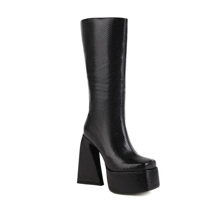 Women's casual high boots in artificial PU material, shown in black, red, blue, and white colour options.