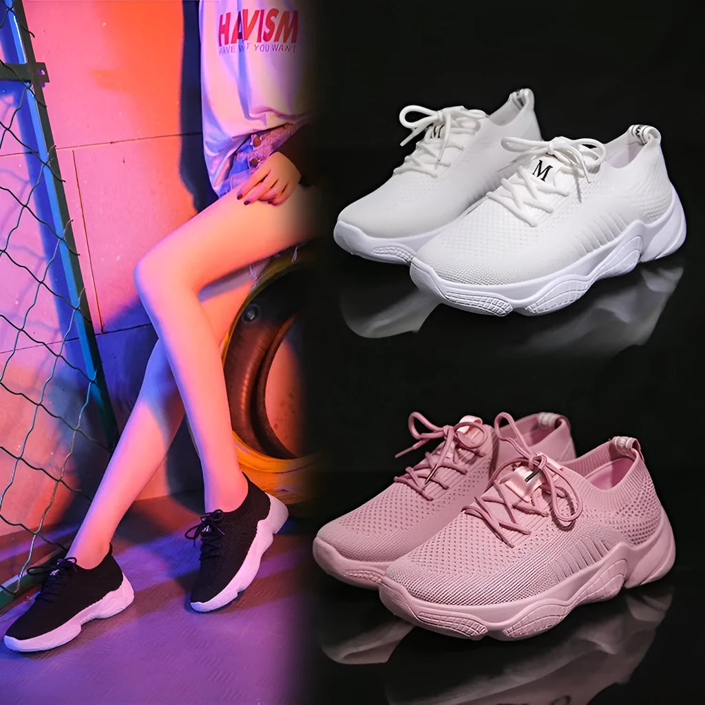 Women's low-top white woven sneakers with thick rubber sole and letter pattern detail
