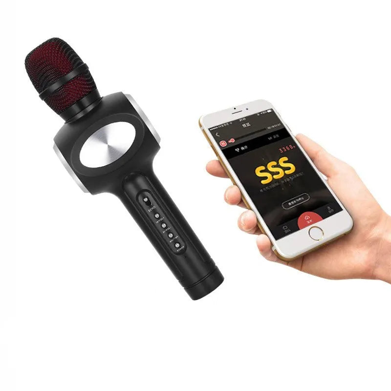 Yaerjia E108 black, gold, and pink mobile karaoke microphone with built-in speakers