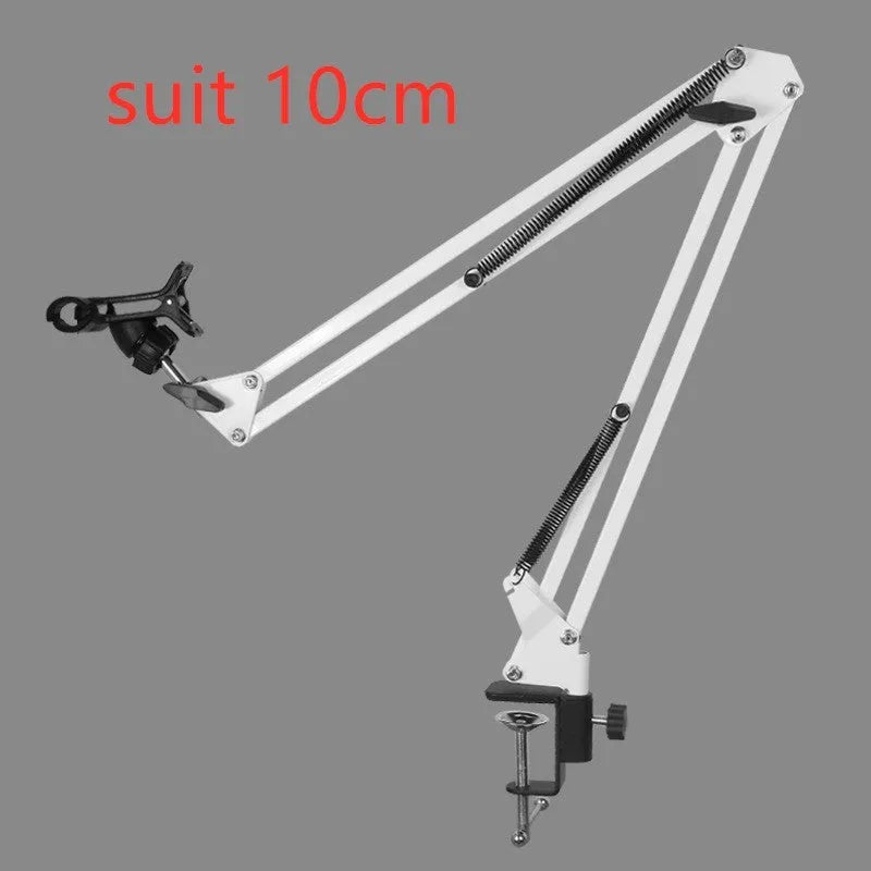 Adjustable black and white phone tablet stand on flat surface with mobile device