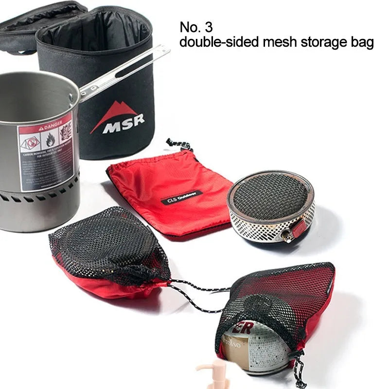 Red five-piece outdoor travel storage bag set with zipper closures on open bags showing internal pockets