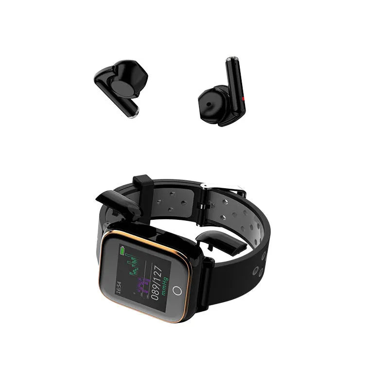 Black smartwatch bracelet with removable Bluetooth earbuds showing 1.4 inch screen displaying heart rate and time