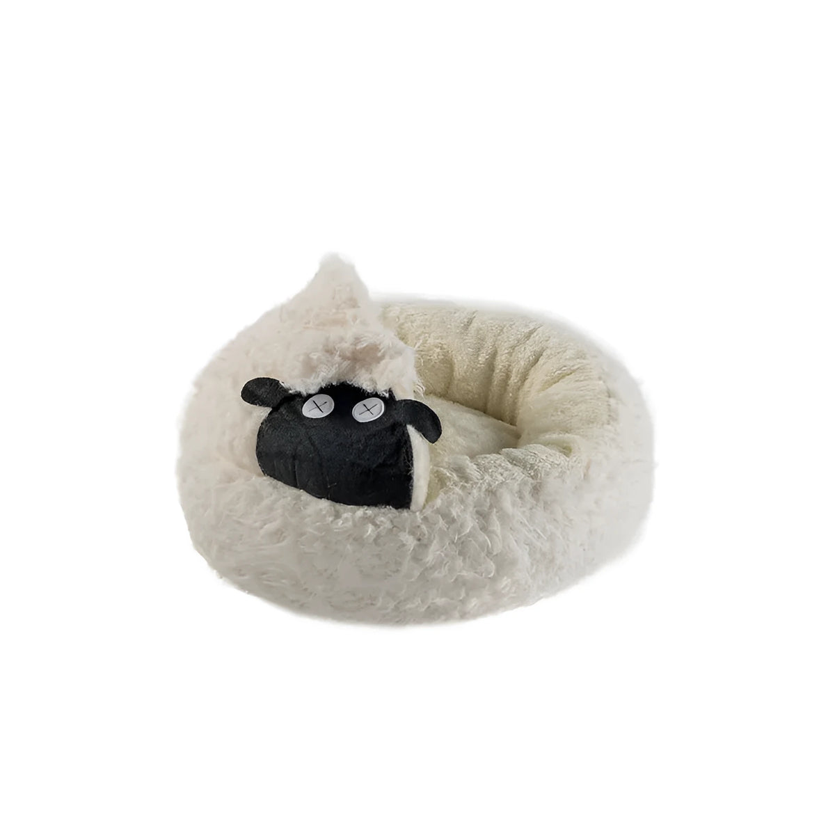 Lamb shape cave cat bed in plush fabric, semi-enclosed round design, sizes S 45x45x13cm and M 53x53x13cm