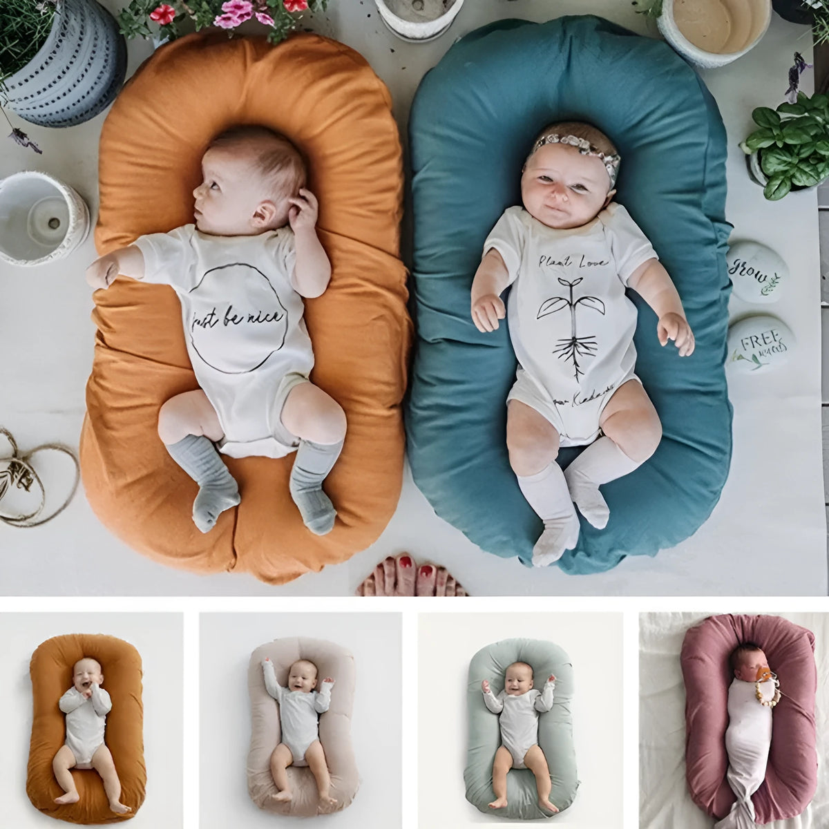 Cotton baby nest crib 75x45cm with PP filler in beige colour
