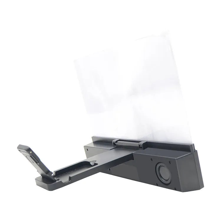 A white mobile phone screen amplifier unit with a large acrylic lens, showing a 12-inch display area and Bluetooth audio features.