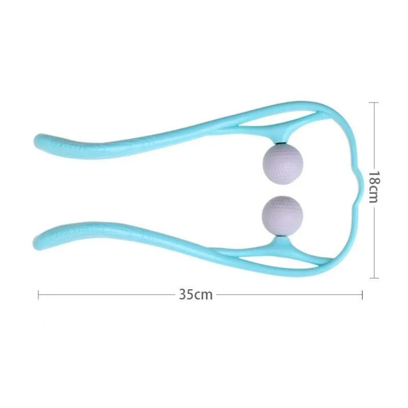 Blue plastic hand roller neck massager with adjustable stand on a white background.