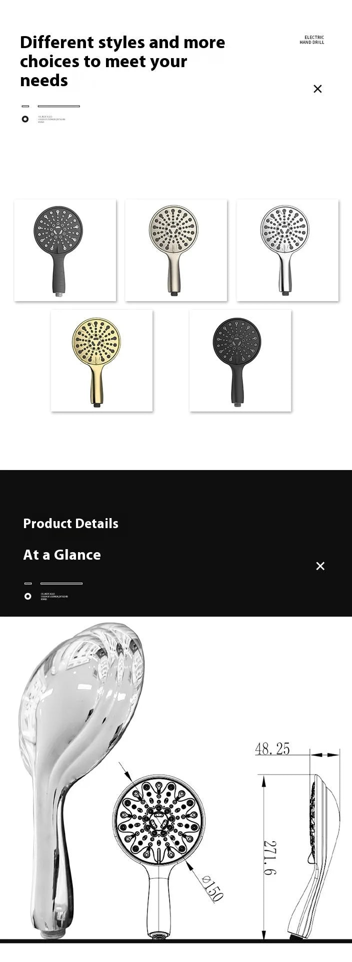 Six-function handheld shower head with electroplated metallic finish