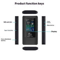 Black 5G portable Wi-Fi router with LCD display showing signal strength and battery level.
