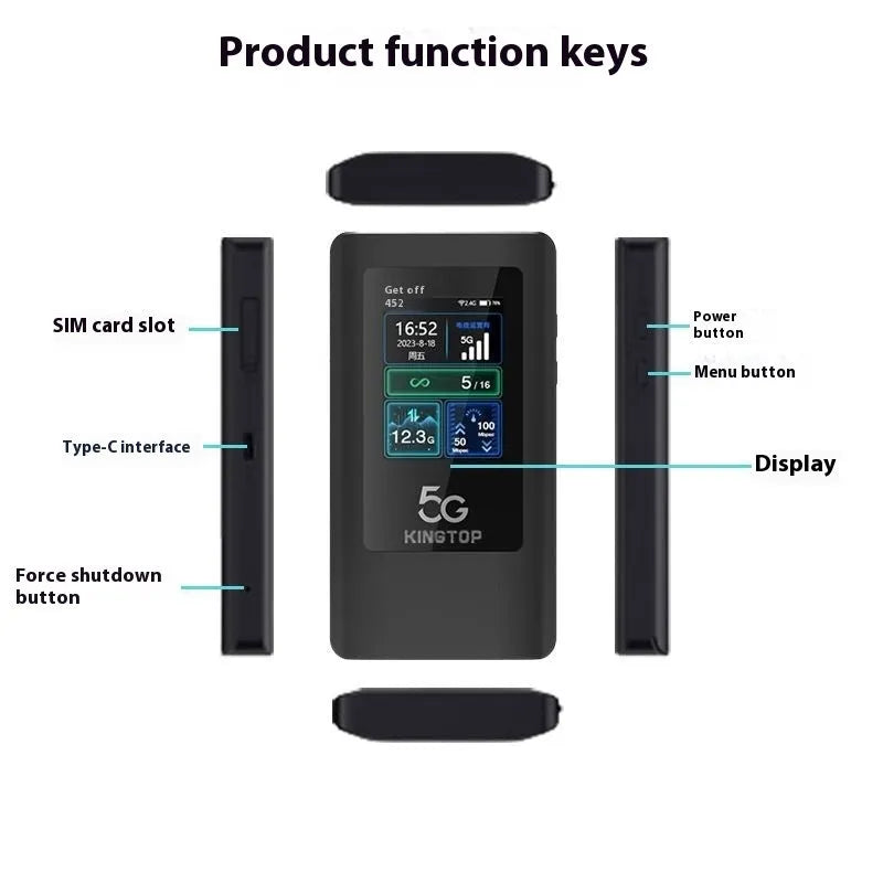 Black 5G portable Wi-Fi router with LCD display showing signal strength and battery level.