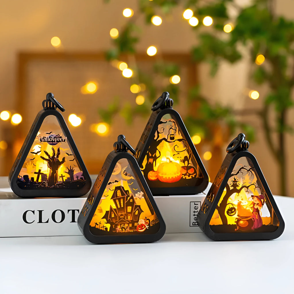 Halloween pumpkin lamp decoration in plastic and glass with battery-operated lighting