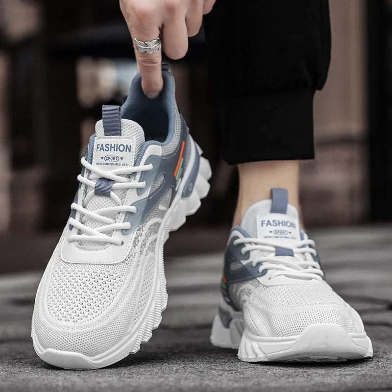 Men's white blue platform casual running shoes with cross strap design on breathable mesh upper