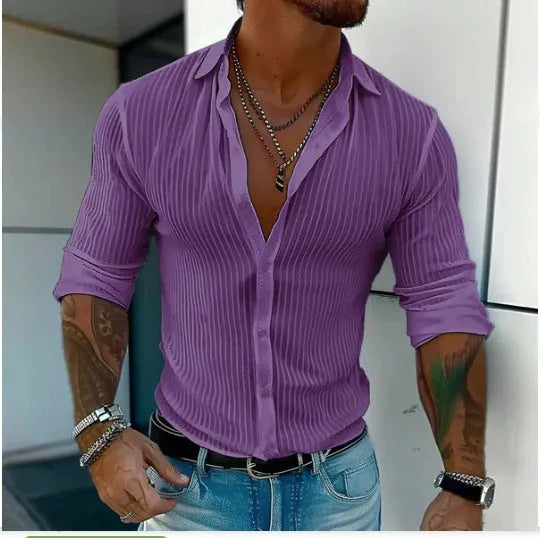 Man wearing a British-style striped cardigan with long sleeves and a loose fit