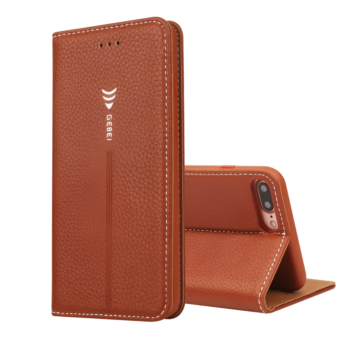 Black PU leather wallet phone case open showing card slot, next to an iPhone.