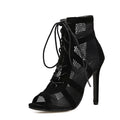 Black suede women's lace-up high heel shoes with a high stiletto heel and a front platform.