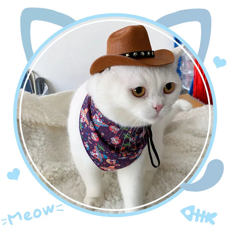 British cowboy hat for cats made from non woven fabric in brown with star velvet belt trim