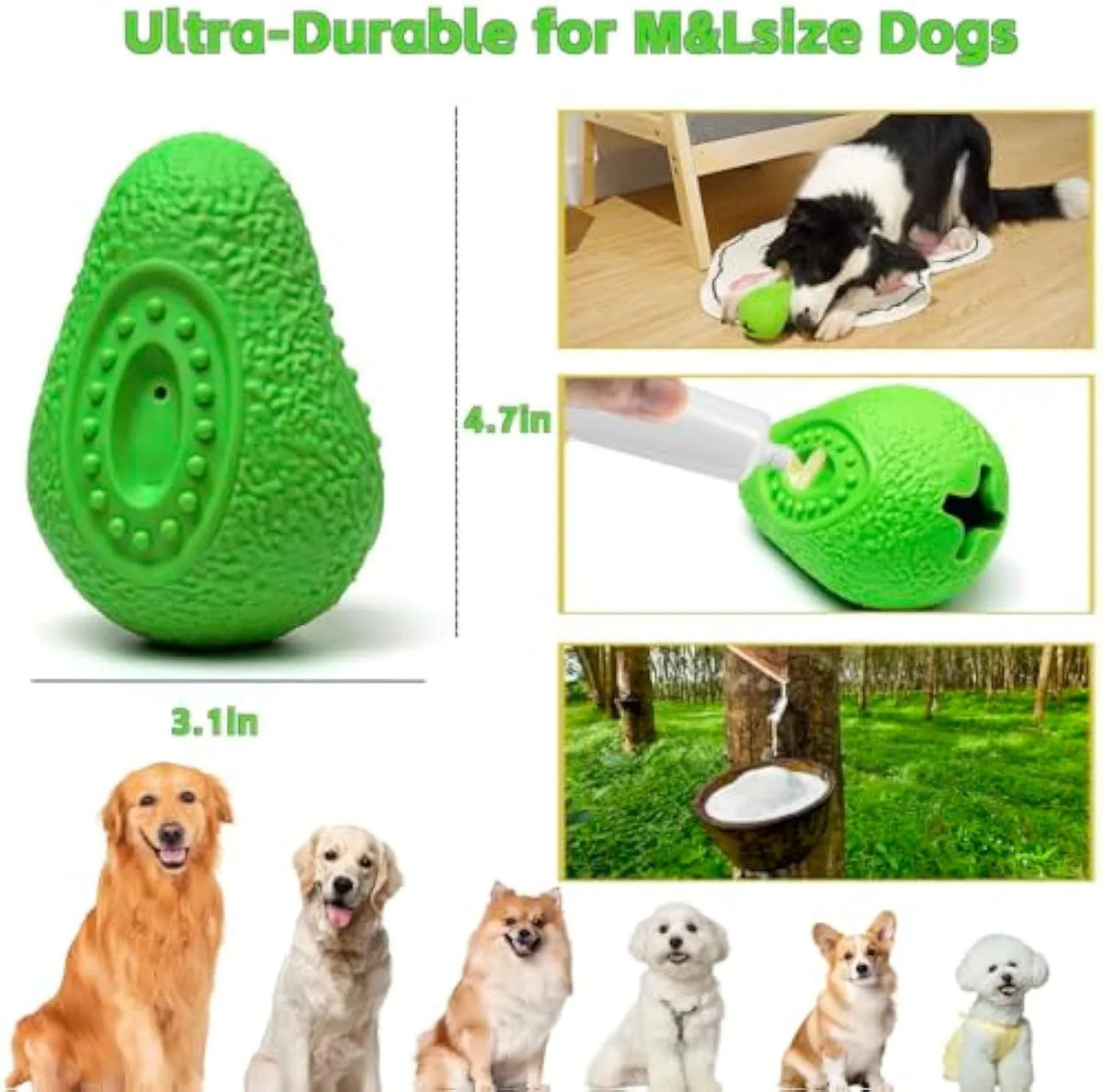 Green heavy duty natural rubber dog chew toy for aggressive chewers and large breeds.
