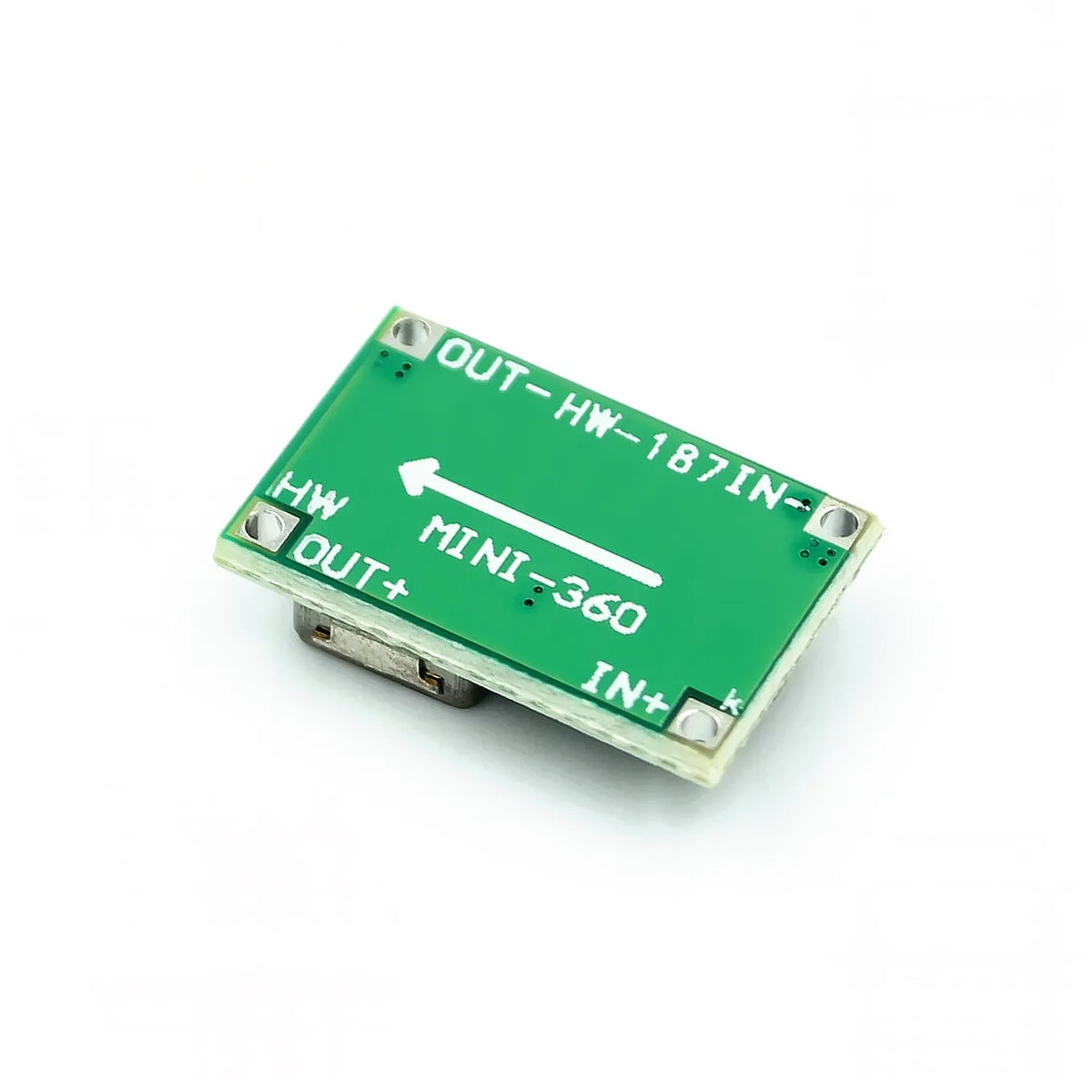 Mini-360 green DC-DC buck converter module measuring 17mm × 11mm with synchronous rectification