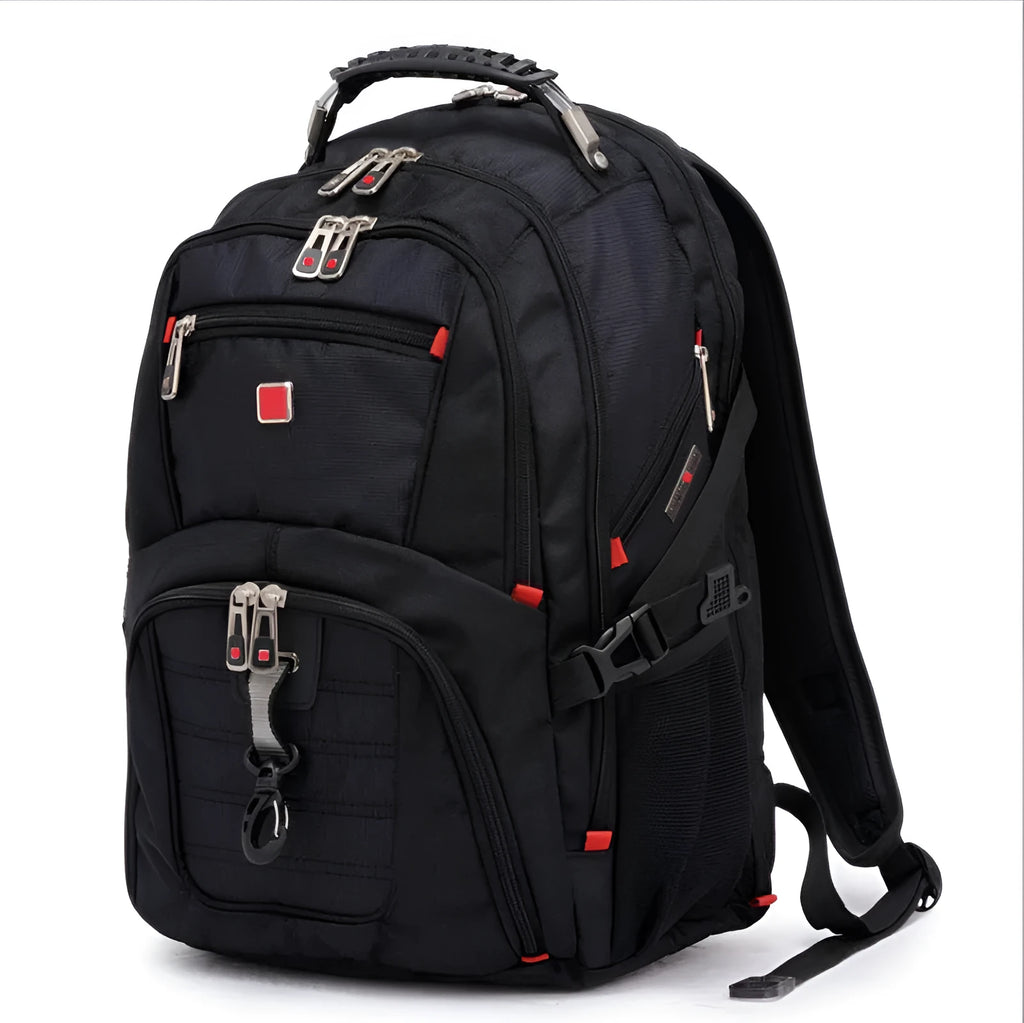 Black business laptop backpack showing three compartments open with laptop in padded section