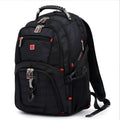 Black business laptop backpack showing three compartments open with laptop in padded section