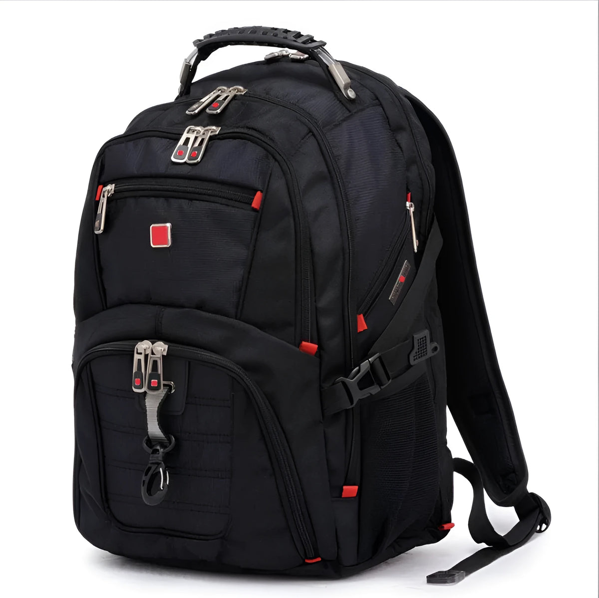 Black business laptop backpack showing three compartments open with laptop in padded section