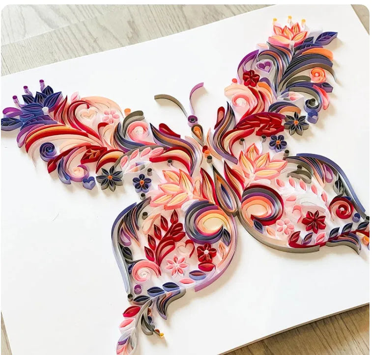 20-inch blue butterfly quilling illustration material pack with craft tools on white background