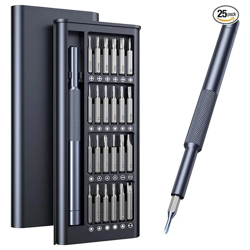 25-in-1 magnetic precision screwdriver set with knurled handle, showing multiple bit types.