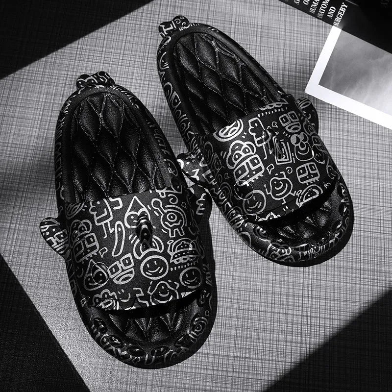 Open-toe EVA foam slippers with a shark design on the upper, shown in a beige colour.