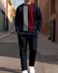 Men's two-piece tracksuit set with long sleeve round neck top and full-length trousers in air layer polyester, sizes S to 5XL