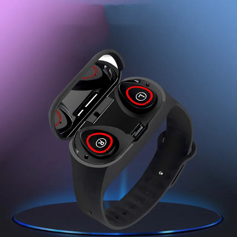 Black smart bracelet and earphone combo wearable with a 1-inch touchscreen on a silicone wristband.