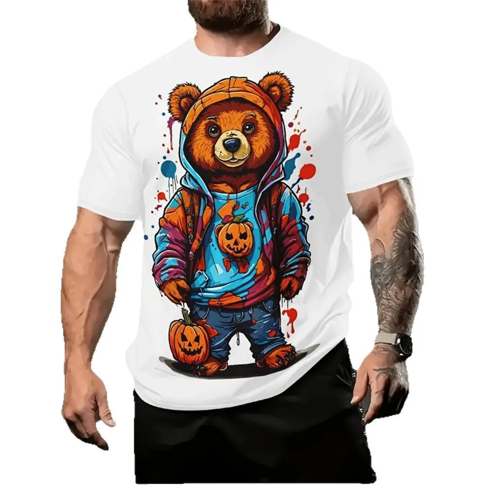 Man wearing a loose-fit short sleeve shirt with a colourful 3D cartoon print, made from thin milk silk fabric.