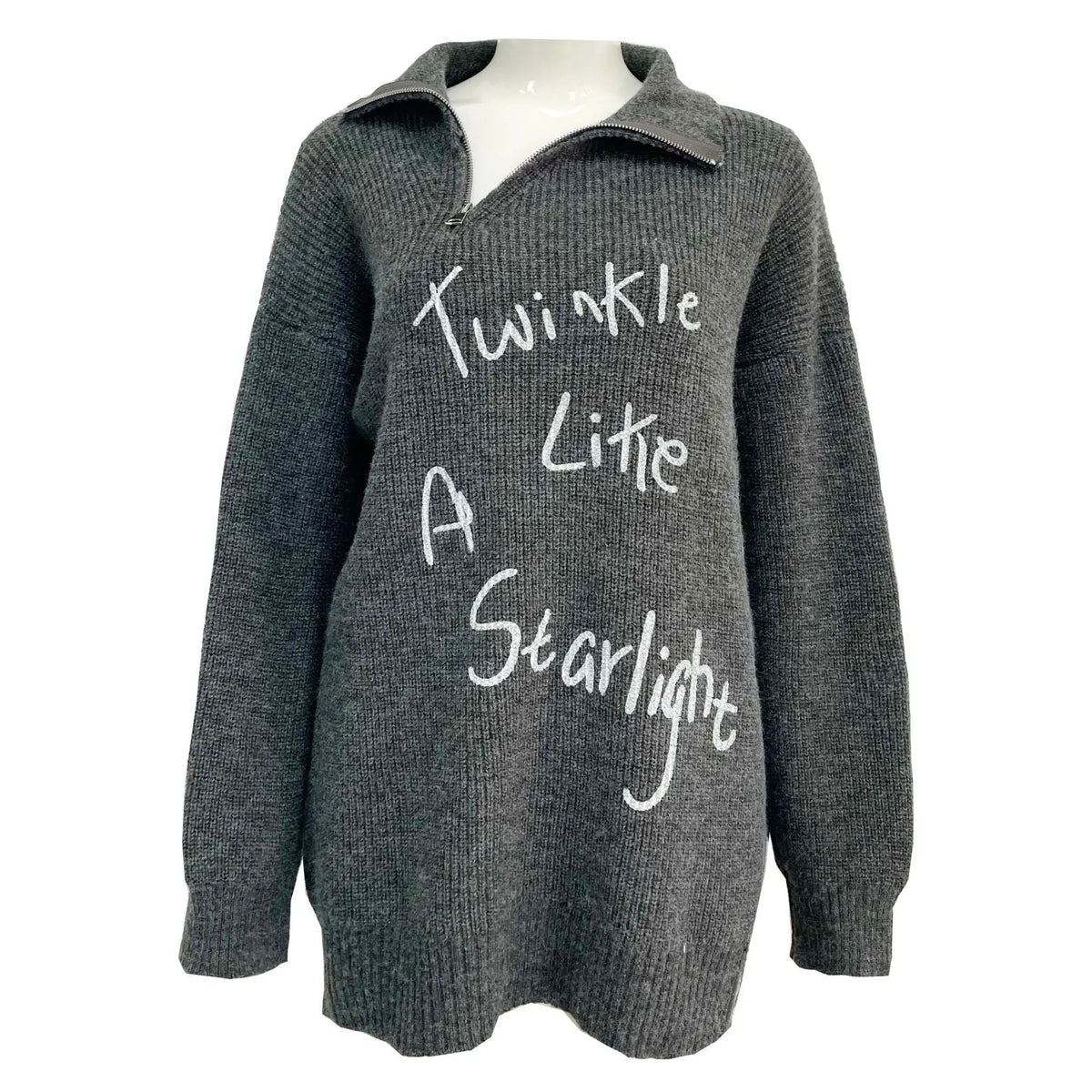 Women's light khaki alpaca wool retro turtleneck sweater with oblique zipper and text pattern