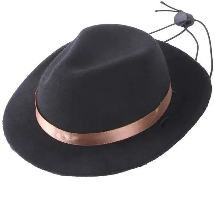 Small pink felt hat for a dog, hand-made with a denim style and monochrome pattern.