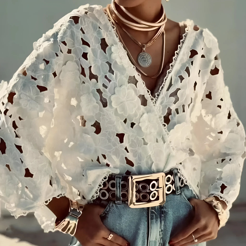 Lace V-neck cardigan shirt with three-dimensional flower decoration, long sleeves, loose fit street fashion style
