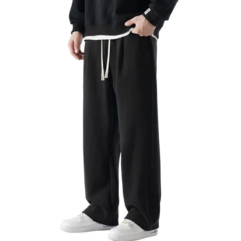 Men's double-sided polar fleece winter trousers in apricot colour with Korean-style loose fit
