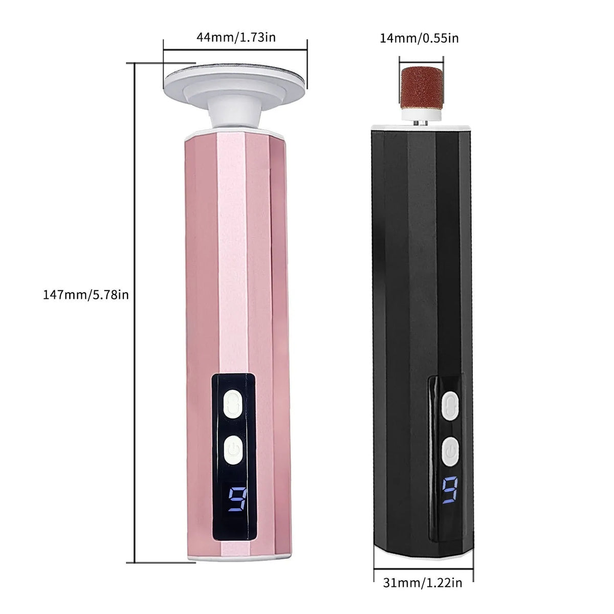 Pink USB-powered electric callus remover tool with sandpaper discs on a table.