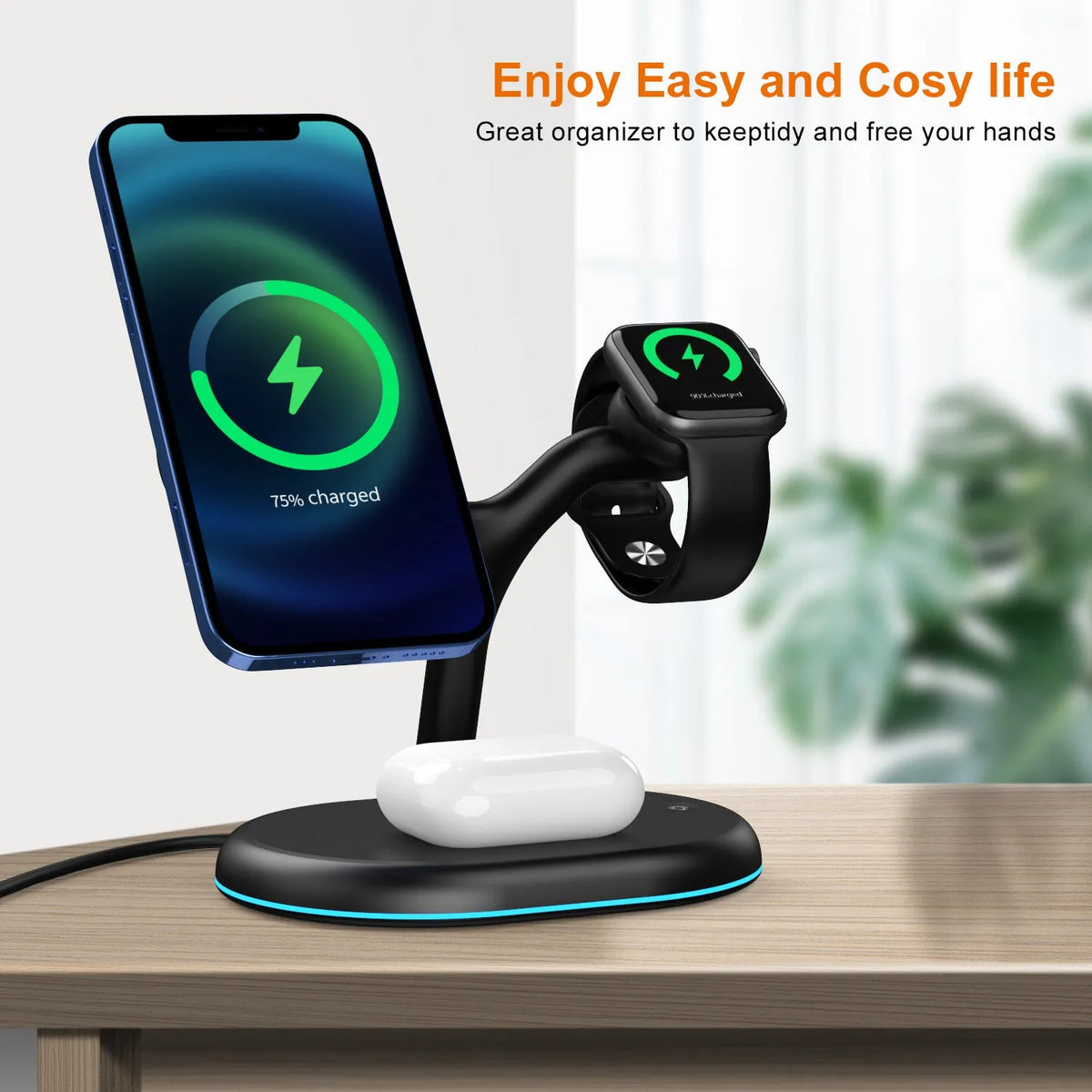 Black minimalist magnetic wireless charger and portable power bank with Qi charging
