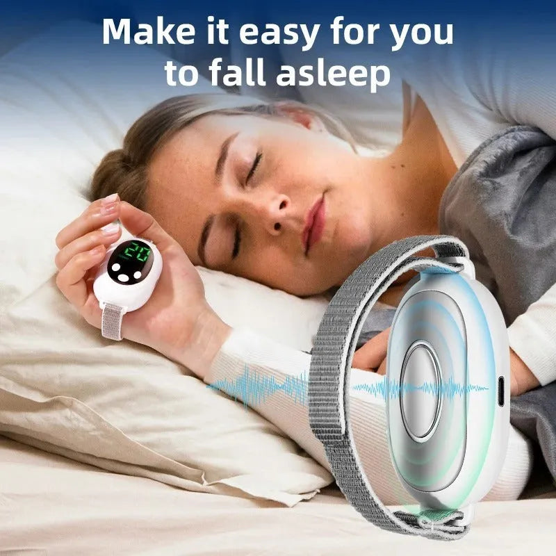 White sleep aid device with handheld remote control showing 20 gear settings and USB charging cable
