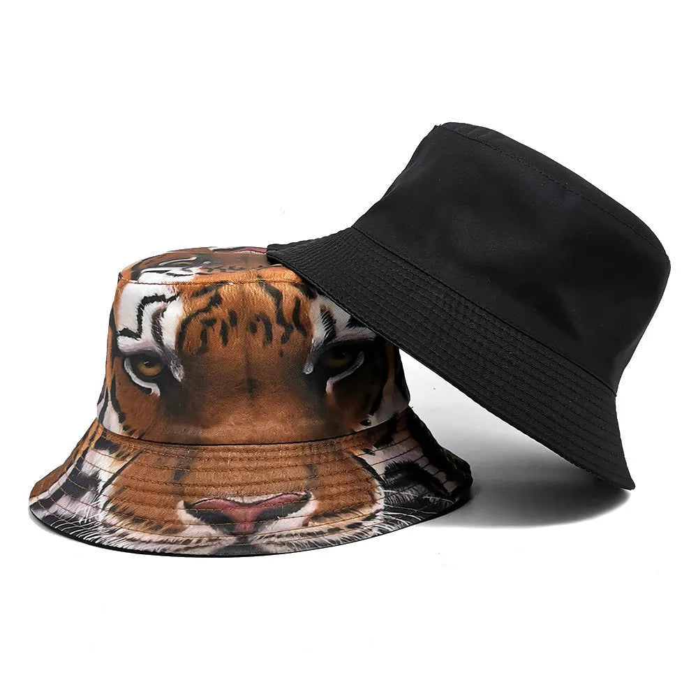 Khaki tiger print bucket hat with domed crown on a neutral background.